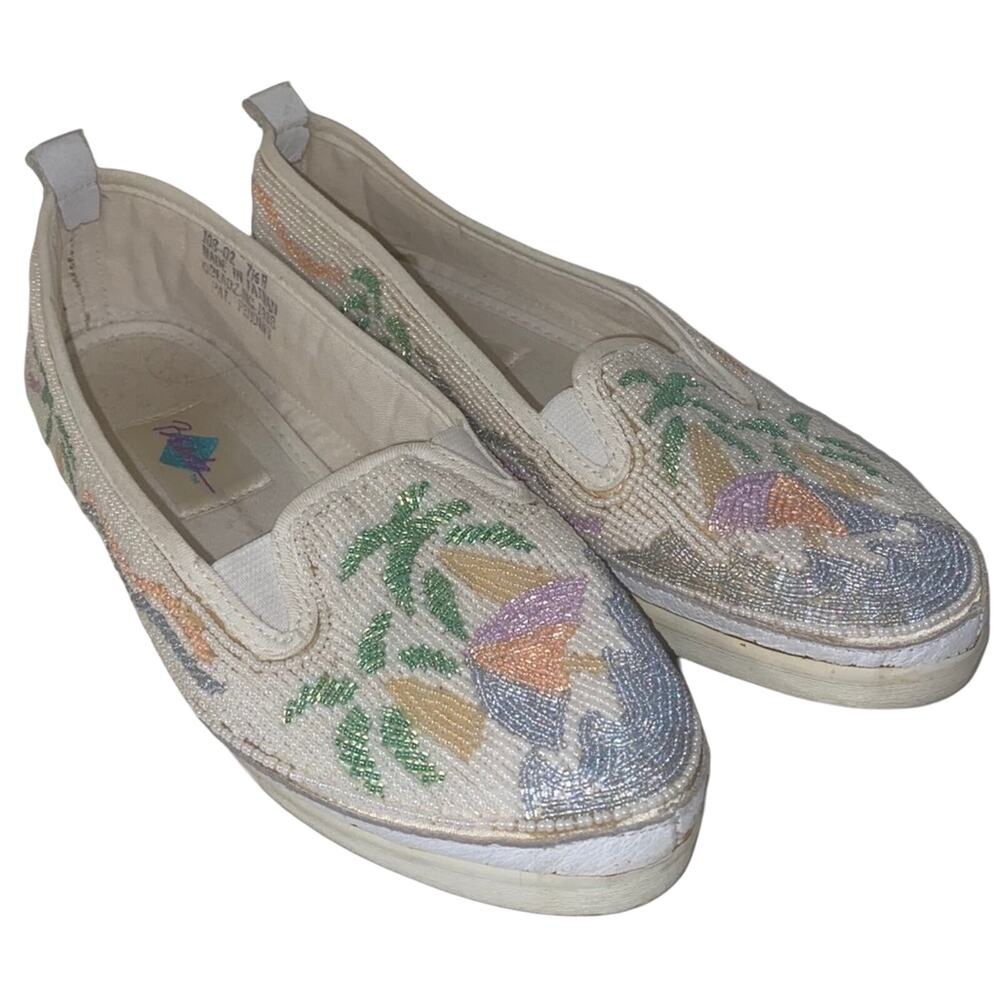 VINTAGE BEADZ beach vacation palm tree intricate beaded slip on loafters 7.5